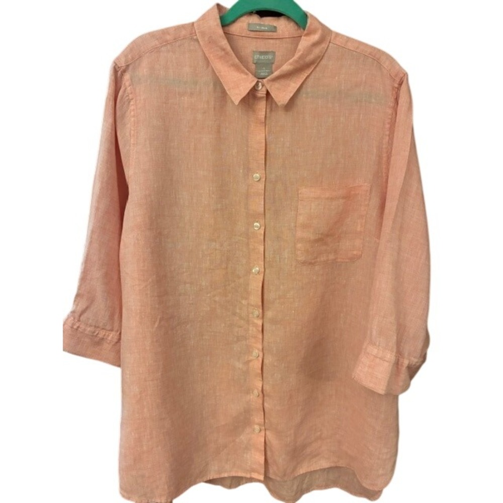 Chico's Linen Shirt Women 4X Coral Orange Excellent No Iron 3/4 Sleeve Button Up